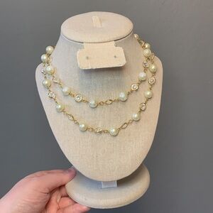 Vintage Faux Pearl Necklace w/ Austrian Crystals 30"